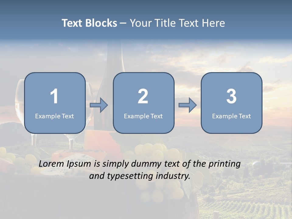 A Bottle Of Wine, Two Glasses Of Wine, Cheese And Grapes On A Barrel PowerPoint Template