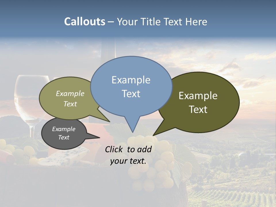 A Bottle Of Wine, Two Glasses Of Wine, Cheese And Grapes On A Barrel PowerPoint Template