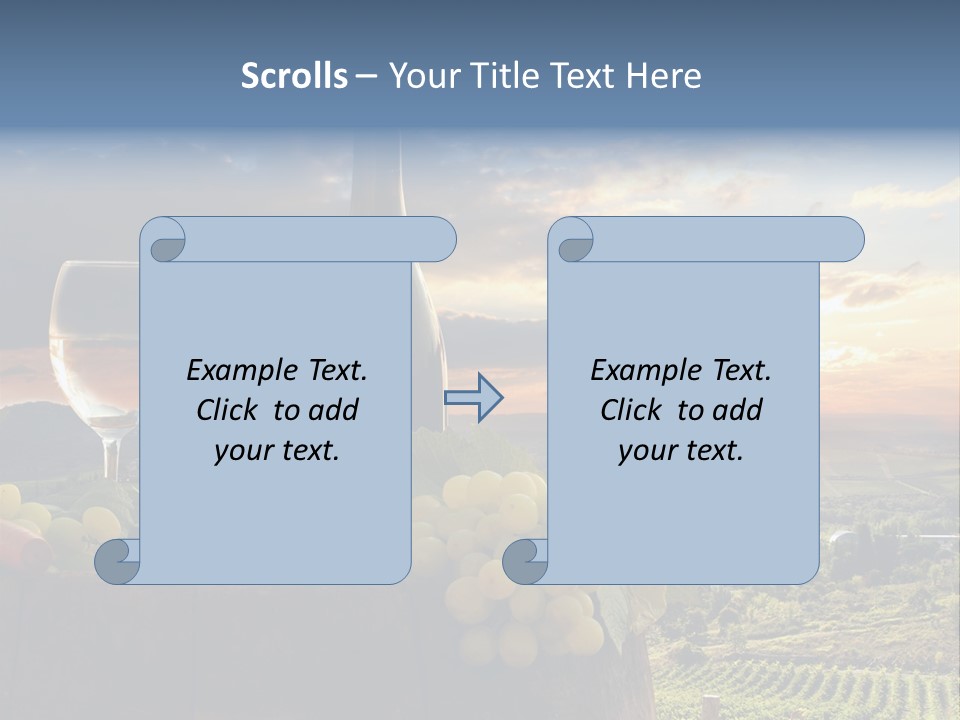 A Bottle Of Wine, Two Glasses Of Wine, Cheese And Grapes On A Barrel PowerPoint Template