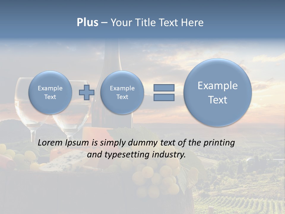 A Bottle Of Wine, Two Glasses Of Wine, Cheese And Grapes On A Barrel PowerPoint Template