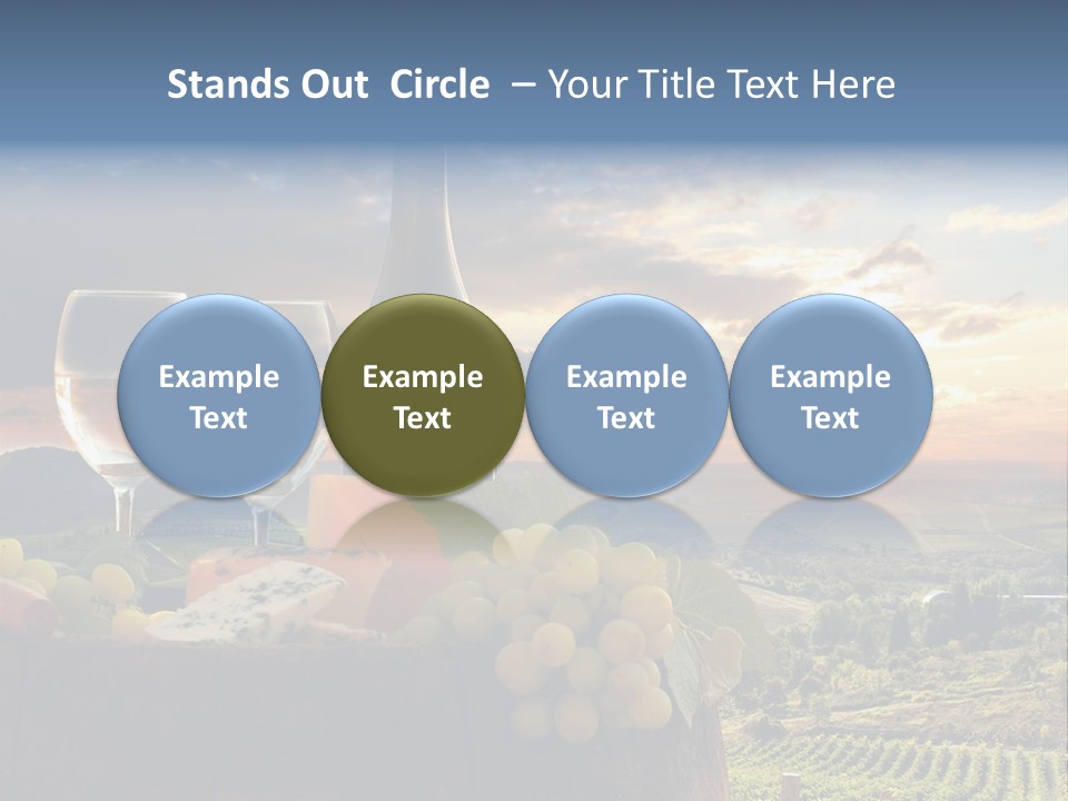 A Bottle Of Wine, Two Glasses Of Wine, Cheese And Grapes On A Barrel PowerPoint Template