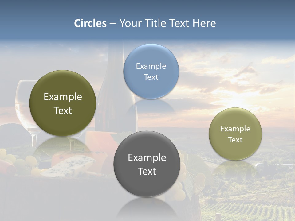 A Bottle Of Wine, Two Glasses Of Wine, Cheese And Grapes On A Barrel PowerPoint Template