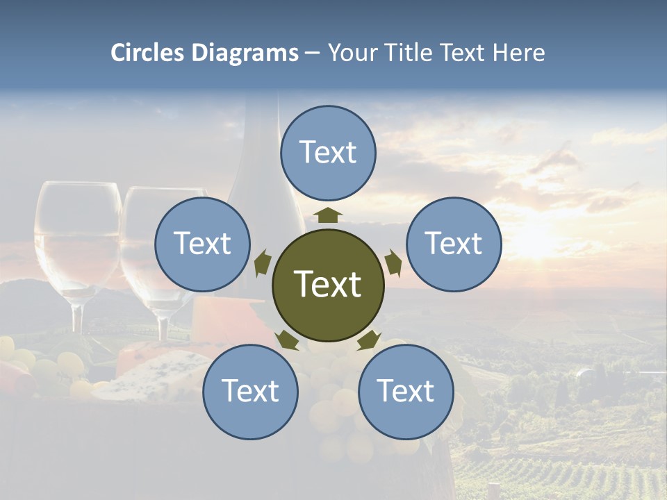 A Bottle Of Wine, Two Glasses Of Wine, Cheese And Grapes On A Barrel PowerPoint Template