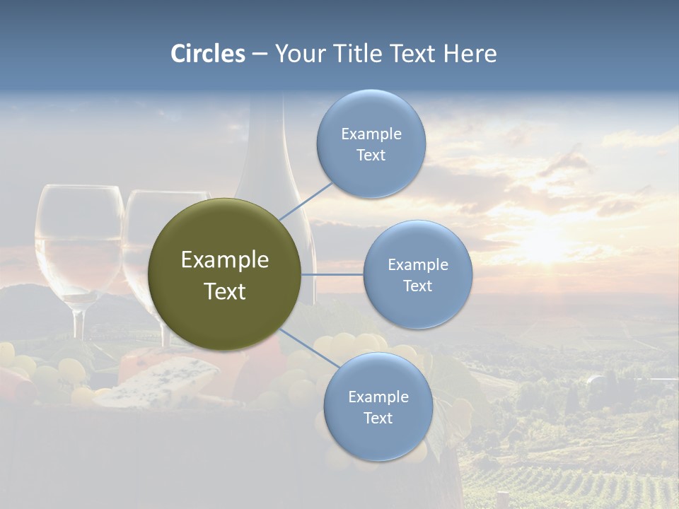 A Bottle Of Wine, Two Glasses Of Wine, Cheese And Grapes On A Barrel PowerPoint Template