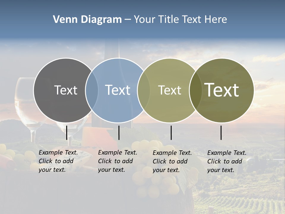 A Bottle Of Wine, Two Glasses Of Wine, Cheese And Grapes On A Barrel PowerPoint Template