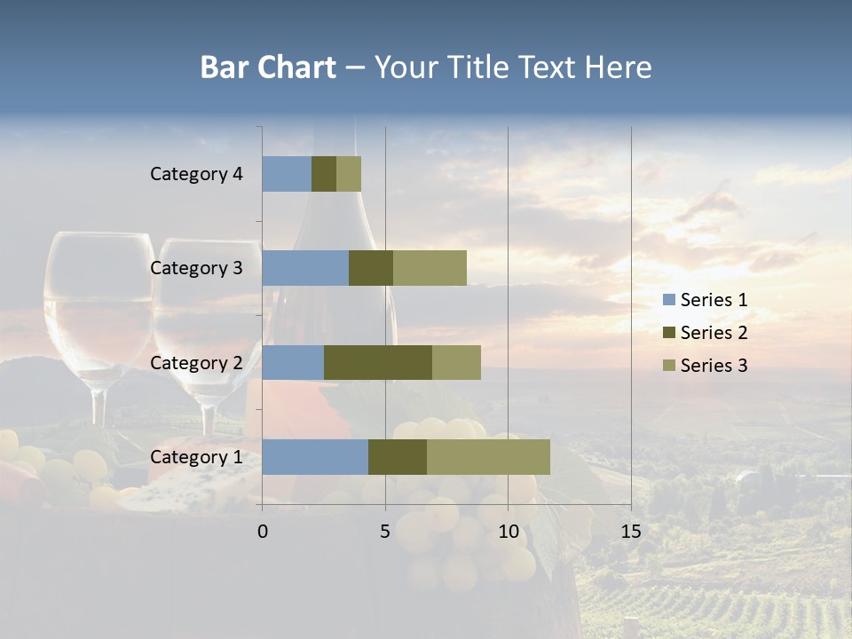 A Bottle Of Wine, Two Glasses Of Wine, Cheese And Grapes On A Barrel PowerPoint Template