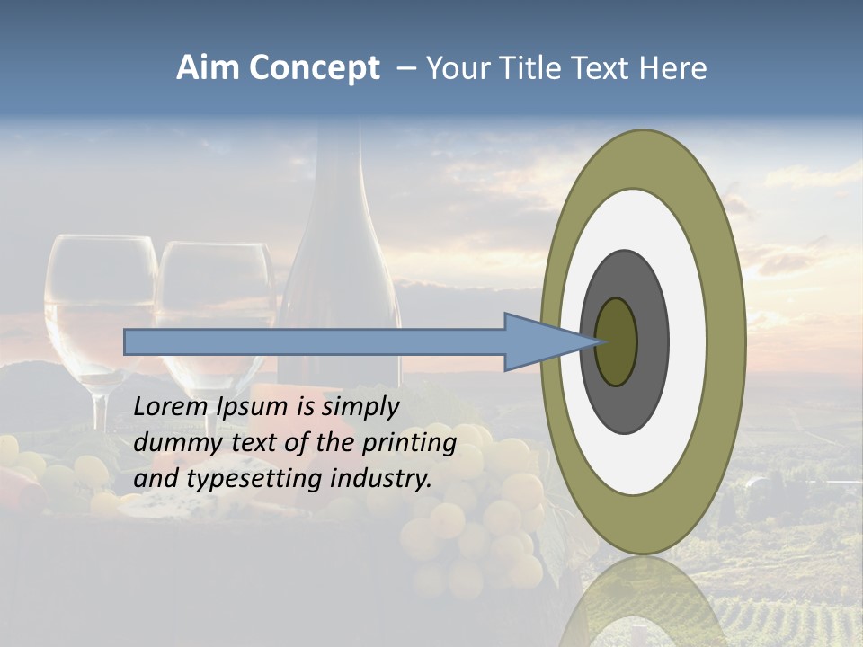 A Bottle Of Wine, Two Glasses Of Wine, Cheese And Grapes On A Barrel PowerPoint Template