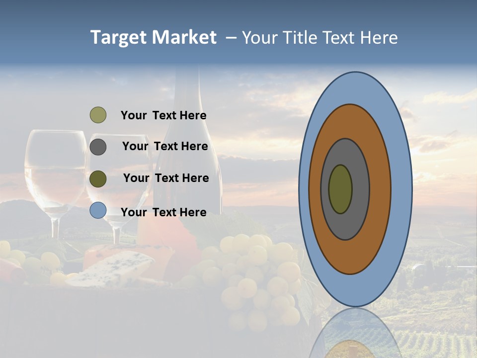 A Bottle Of Wine, Two Glasses Of Wine, Cheese And Grapes On A Barrel PowerPoint Template