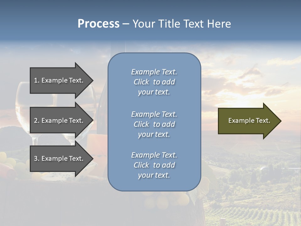 A Bottle Of Wine, Two Glasses Of Wine, Cheese And Grapes On A Barrel PowerPoint Template
