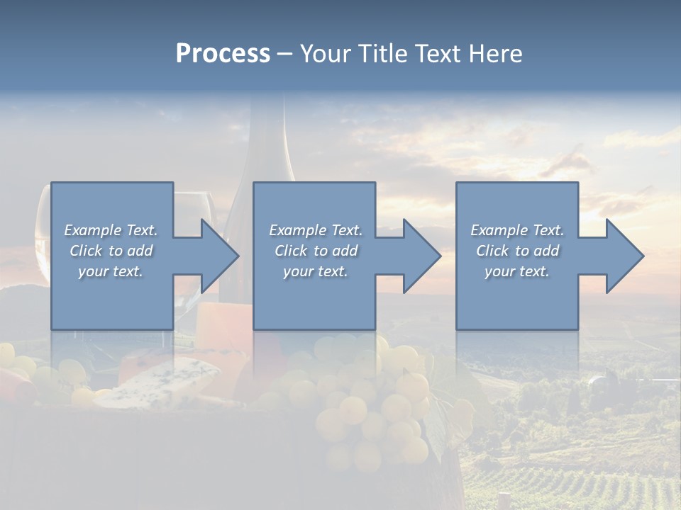 A Bottle Of Wine, Two Glasses Of Wine, Cheese And Grapes On A Barrel PowerPoint Template