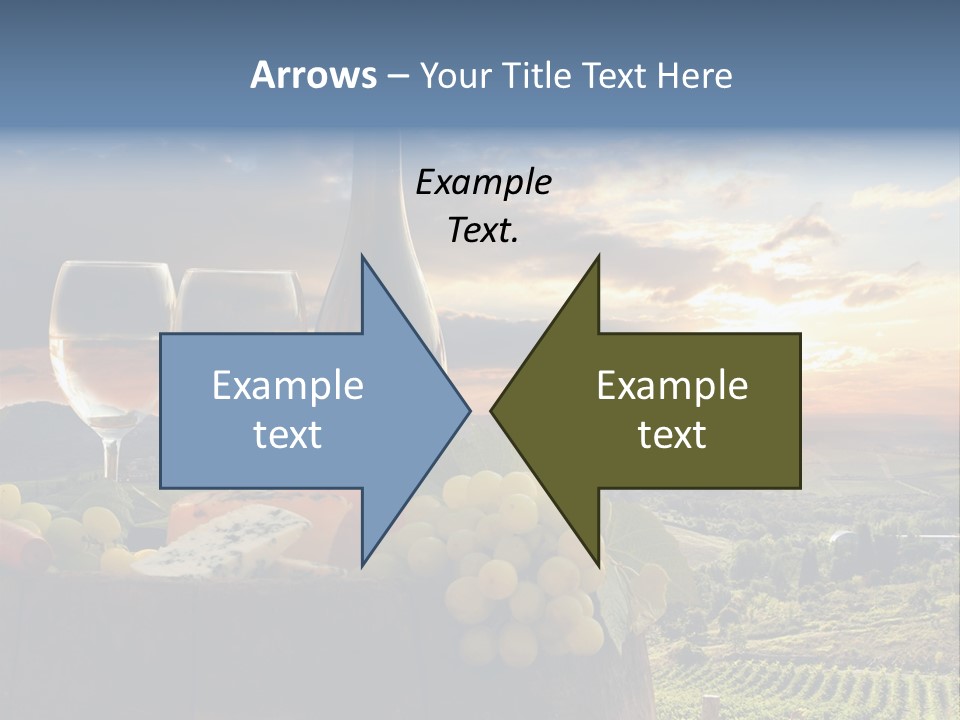 A Bottle Of Wine, Two Glasses Of Wine, Cheese And Grapes On A Barrel PowerPoint Template