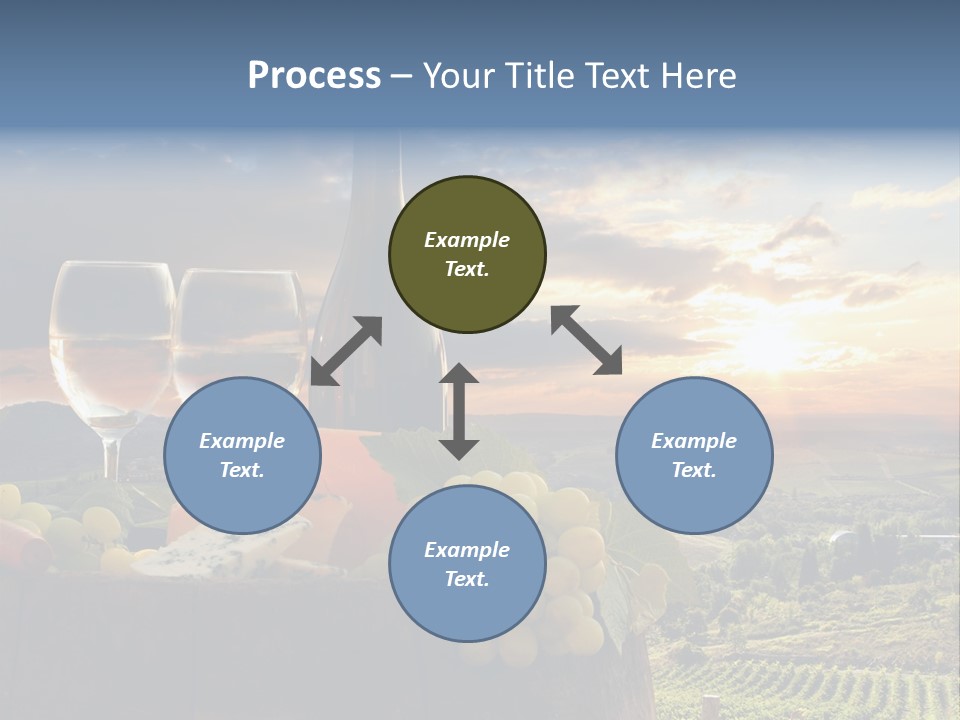 A Bottle Of Wine, Two Glasses Of Wine, Cheese And Grapes On A Barrel PowerPoint Template