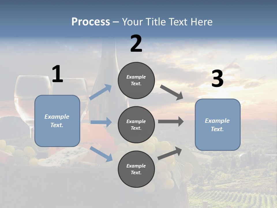 A Bottle Of Wine, Two Glasses Of Wine, Cheese And Grapes On A Barrel PowerPoint Template