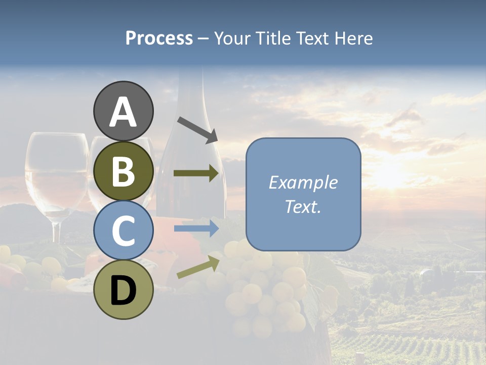 A Bottle Of Wine, Two Glasses Of Wine, Cheese And Grapes On A Barrel PowerPoint Template