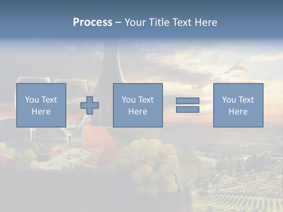 A Bottle Of Wine, Two Glasses Of Wine, Cheese And Grapes On A Barrel PowerPoint Template