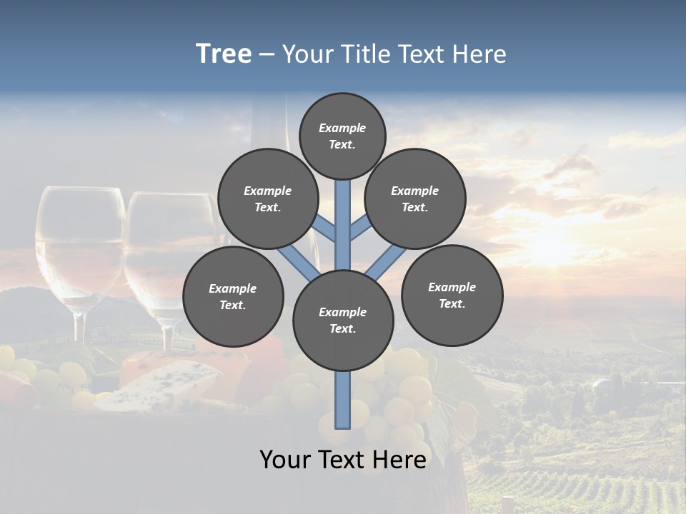 A Bottle Of Wine, Two Glasses Of Wine, Cheese And Grapes On A Barrel PowerPoint Template