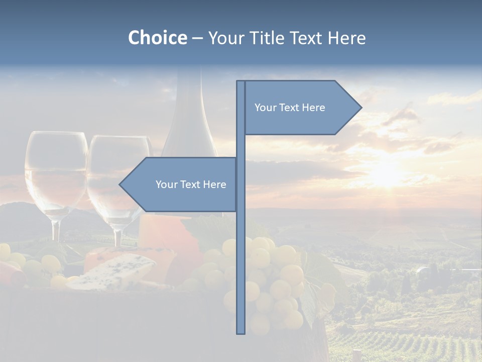 A Bottle Of Wine, Two Glasses Of Wine, Cheese And Grapes On A Barrel PowerPoint Template