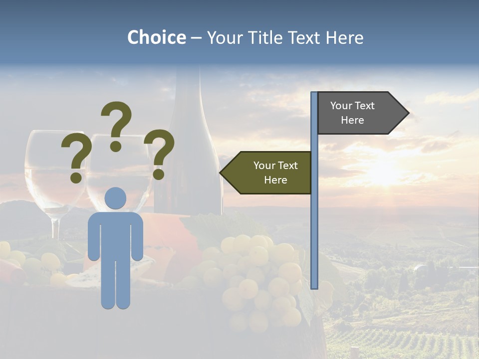 A Bottle Of Wine, Two Glasses Of Wine, Cheese And Grapes On A Barrel PowerPoint Template