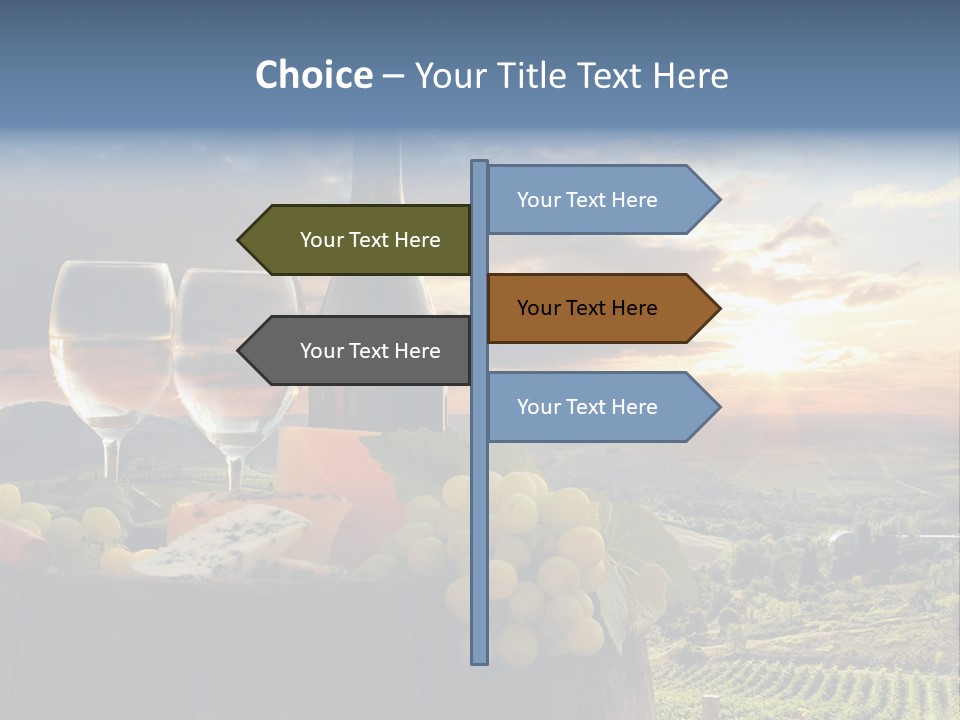 A Bottle Of Wine, Two Glasses Of Wine, Cheese And Grapes On A Barrel PowerPoint Template