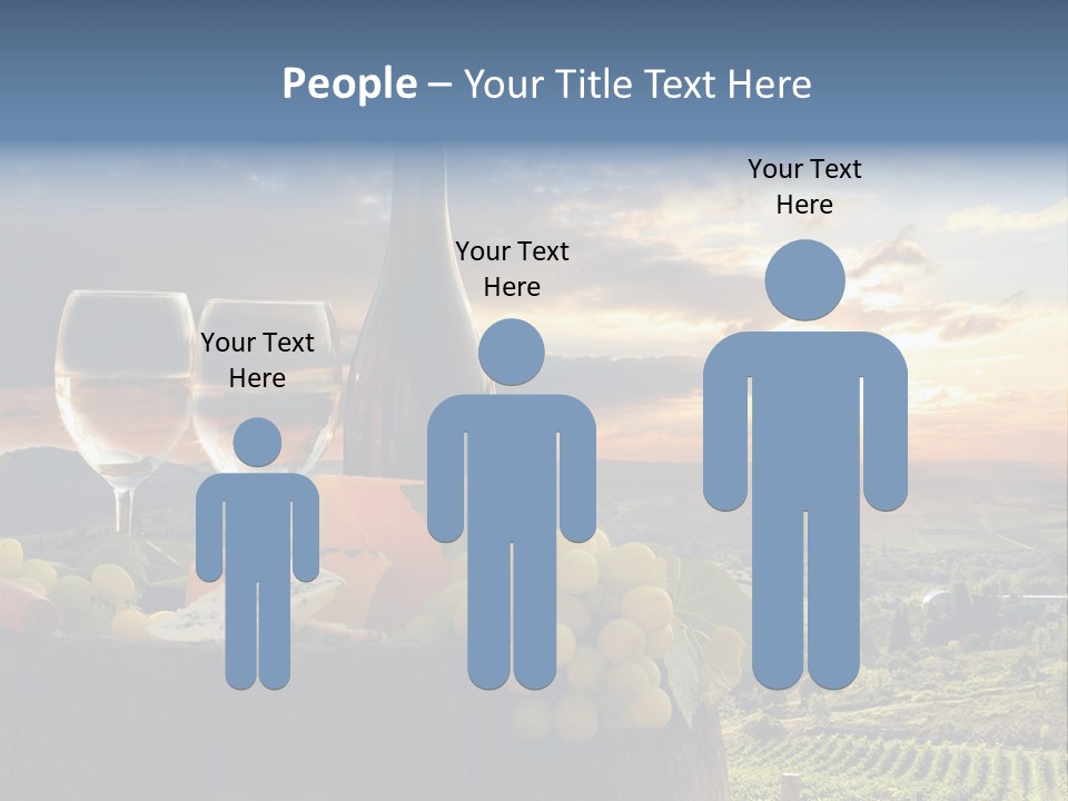 A Bottle Of Wine, Two Glasses Of Wine, Cheese And Grapes On A Barrel PowerPoint Template