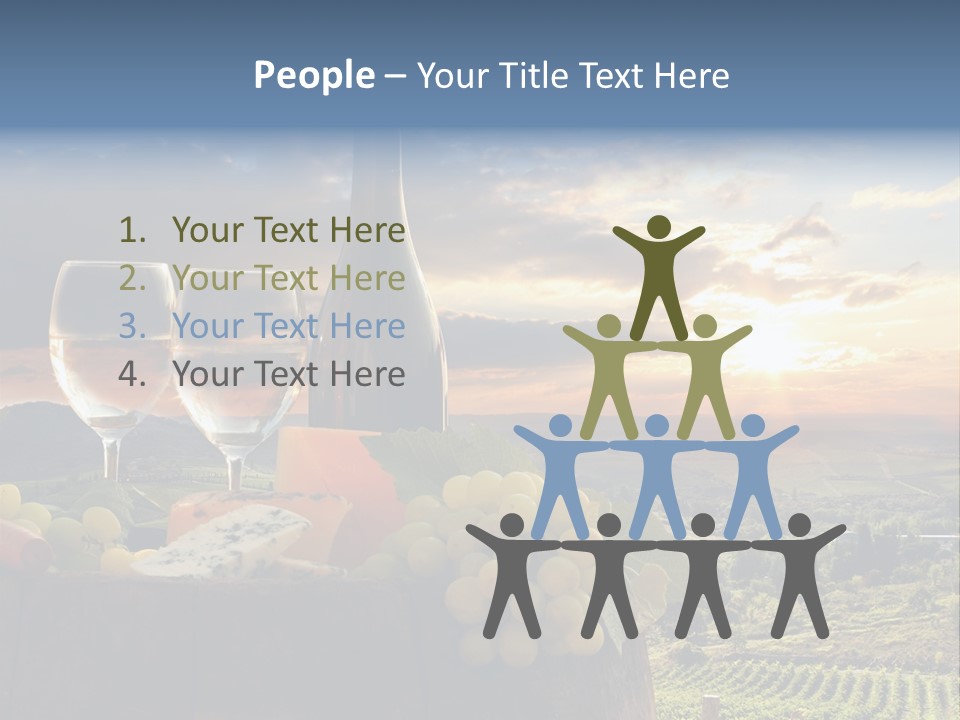 A Bottle Of Wine, Two Glasses Of Wine, Cheese And Grapes On A Barrel PowerPoint Template