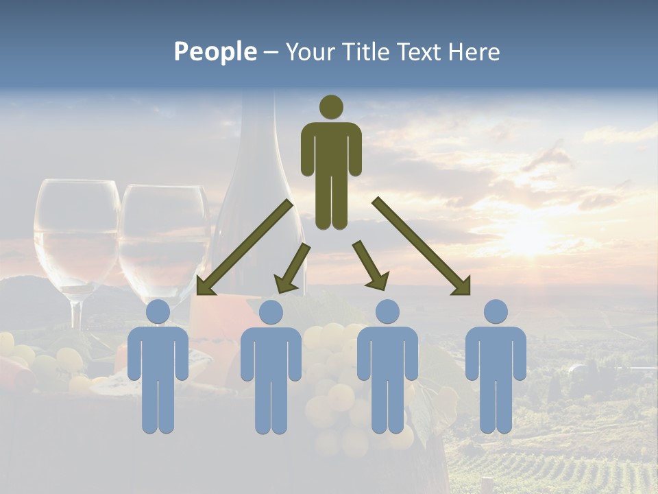 A Bottle Of Wine, Two Glasses Of Wine, Cheese And Grapes On A Barrel PowerPoint Template