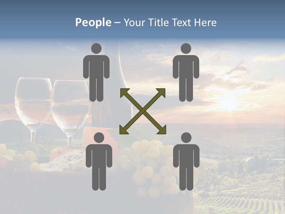 A Bottle Of Wine, Two Glasses Of Wine, Cheese And Grapes On A Barrel PowerPoint Template