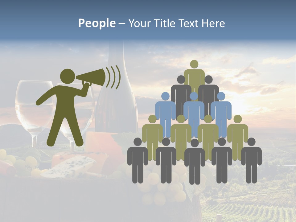 A Bottle Of Wine, Two Glasses Of Wine, Cheese And Grapes On A Barrel PowerPoint Template