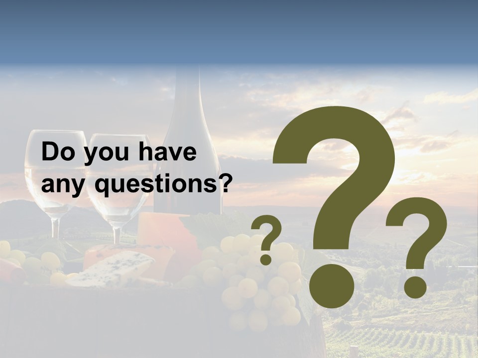 A Bottle Of Wine, Two Glasses Of Wine, Cheese And Grapes On A Barrel PowerPoint Template