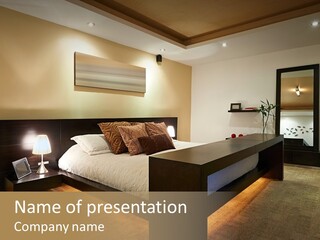 A Bedroom With A Bed And A Lamp PowerPoint Template