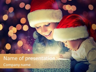 A Woman And A Child Are Looking At A Present PowerPoint Template