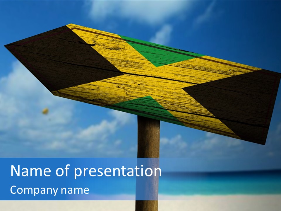 A Wooden Arrow Sign On A Beach With The Ocean In The Background PowerPoint Template