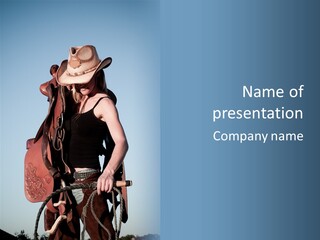 A Woman Wearing A Cowboy Hat And Holding A Saddle PowerPoint Template