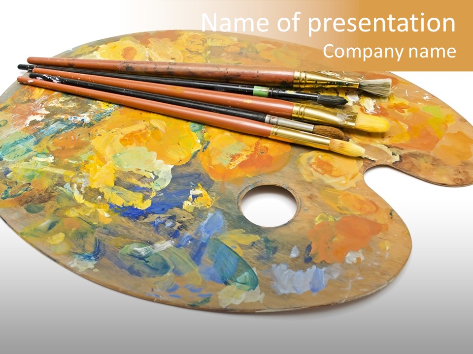 Three Paintbrushes And A Palette On A White Background PowerPoint Template