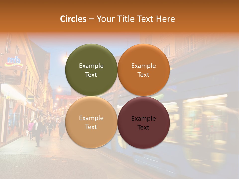 A Blue Train Traveling Down A Street Next To Tall Buildings PowerPoint Template