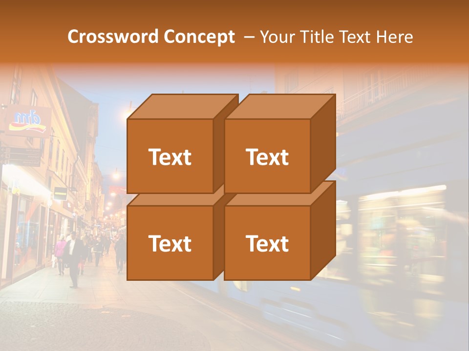 A Blue Train Traveling Down A Street Next To Tall Buildings PowerPoint Template