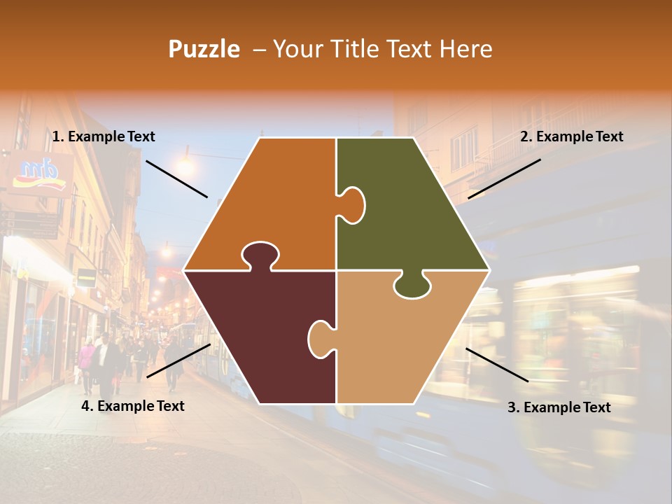 A Blue Train Traveling Down A Street Next To Tall Buildings PowerPoint Template