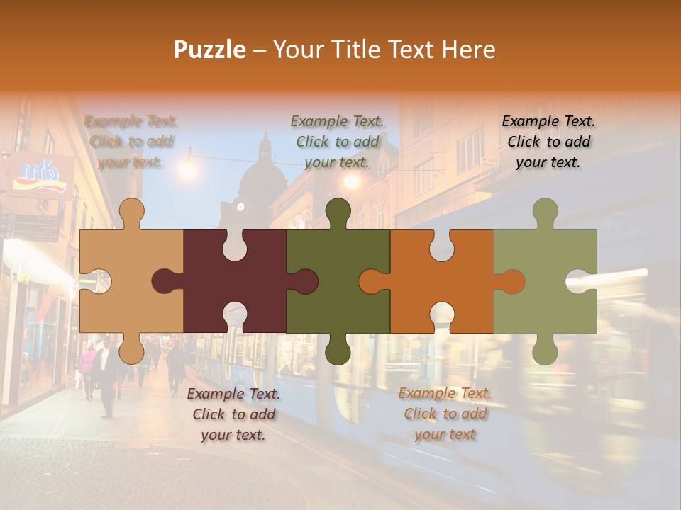 A Blue Train Traveling Down A Street Next To Tall Buildings PowerPoint Template