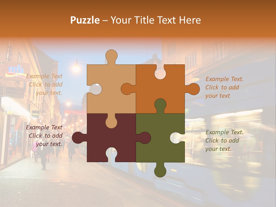 A Blue Train Traveling Down A Street Next To Tall Buildings PowerPoint Template