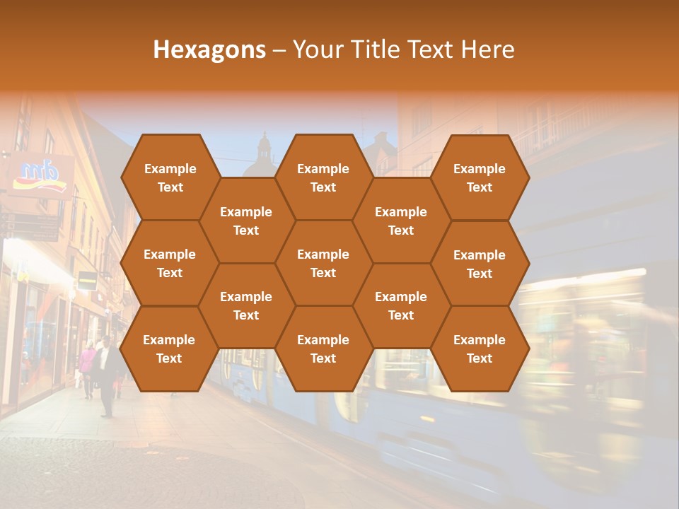 A Blue Train Traveling Down A Street Next To Tall Buildings PowerPoint Template