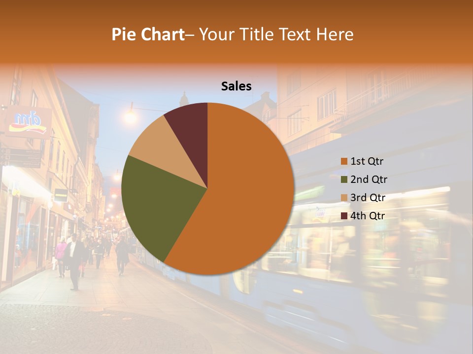 A Blue Train Traveling Down A Street Next To Tall Buildings PowerPoint Template