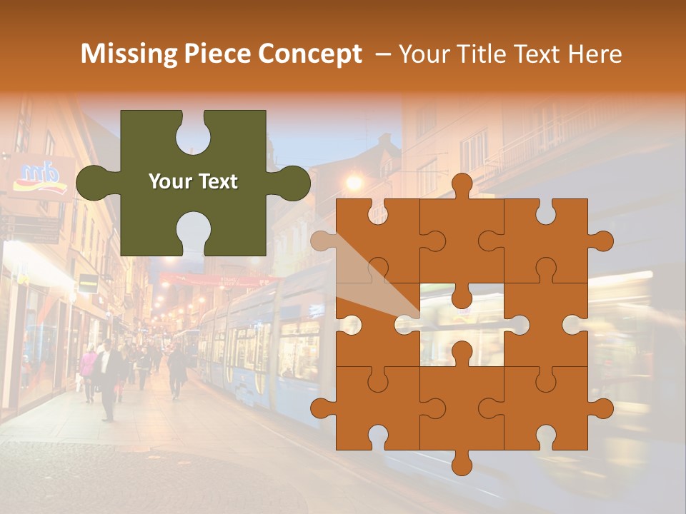 A Blue Train Traveling Down A Street Next To Tall Buildings PowerPoint Template