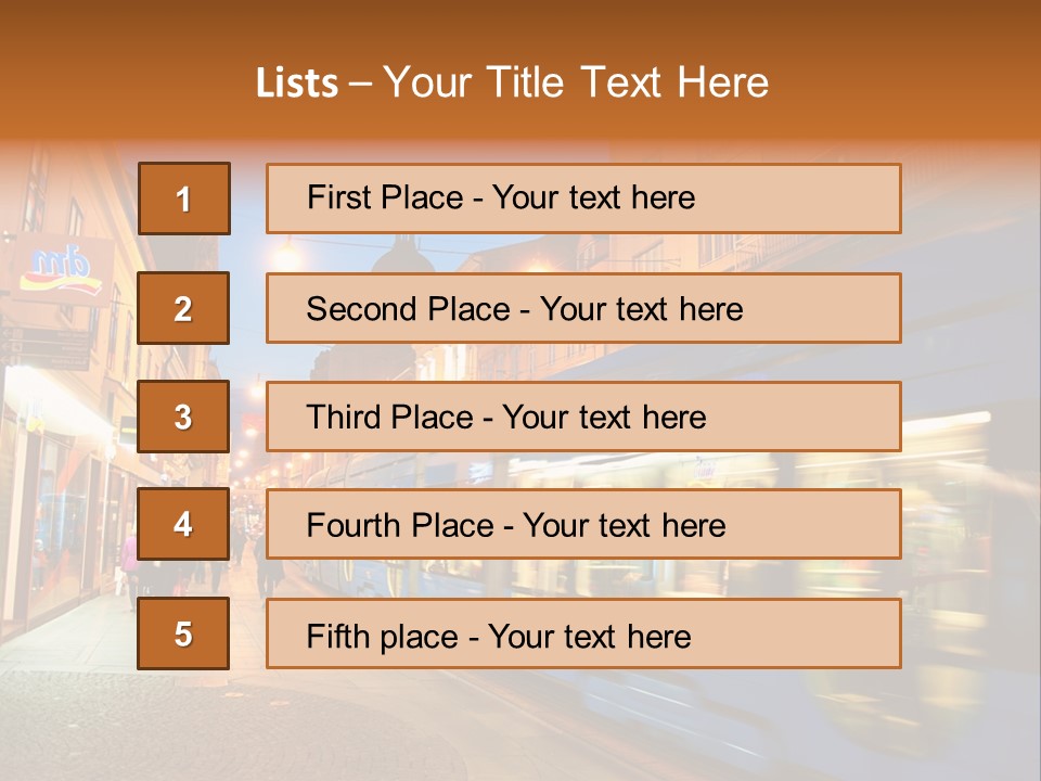 A Blue Train Traveling Down A Street Next To Tall Buildings PowerPoint Template