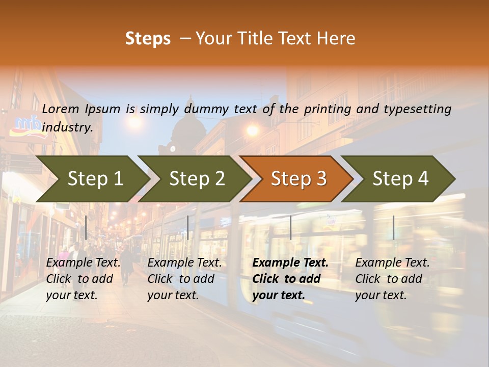 A Blue Train Traveling Down A Street Next To Tall Buildings PowerPoint Template