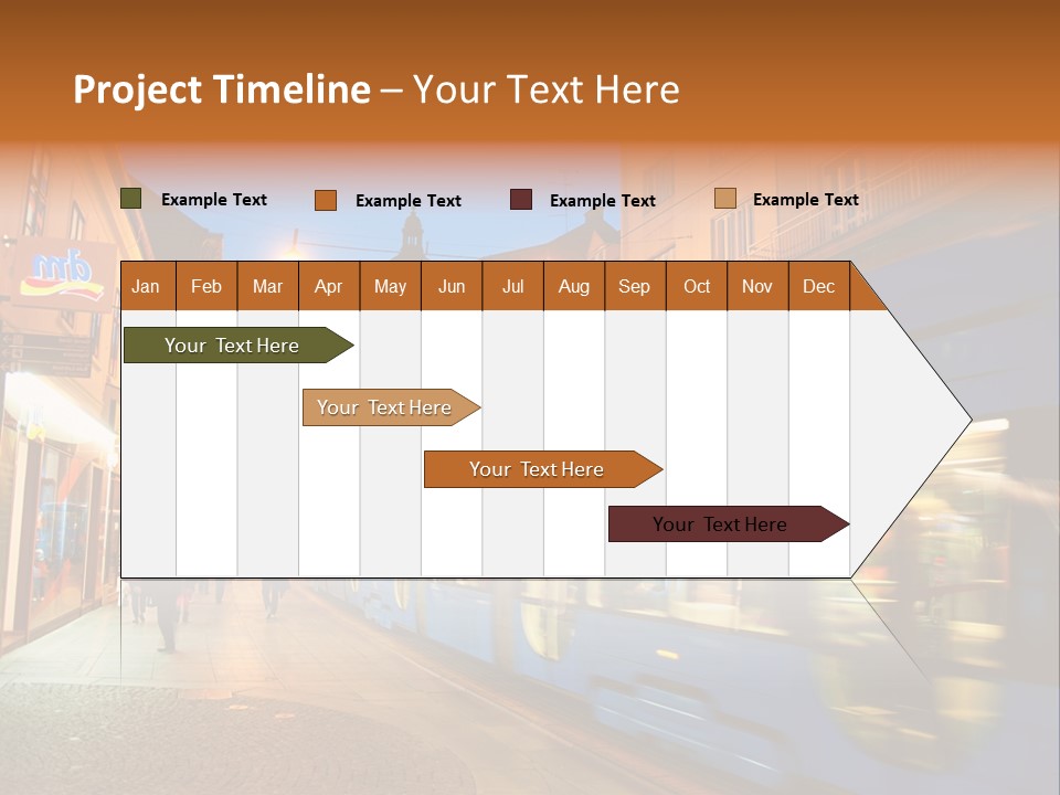 A Blue Train Traveling Down A Street Next To Tall Buildings PowerPoint Template