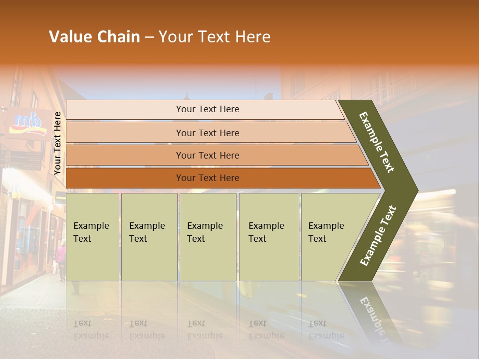 A Blue Train Traveling Down A Street Next To Tall Buildings PowerPoint Template
