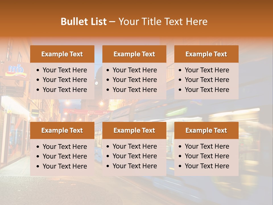 A Blue Train Traveling Down A Street Next To Tall Buildings PowerPoint Template