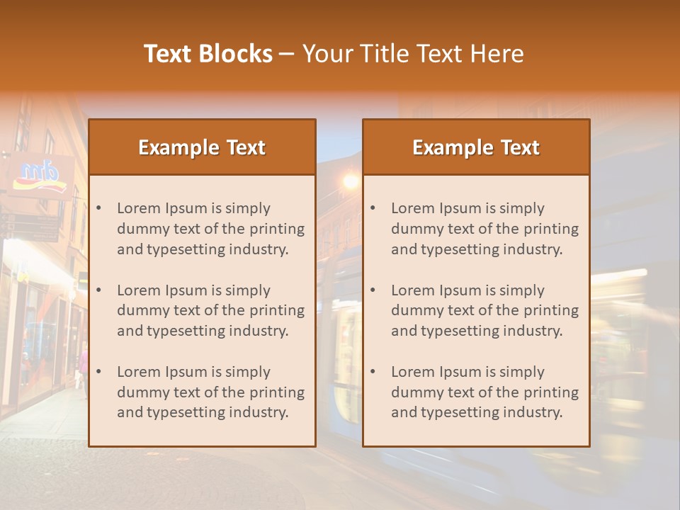 A Blue Train Traveling Down A Street Next To Tall Buildings PowerPoint Template