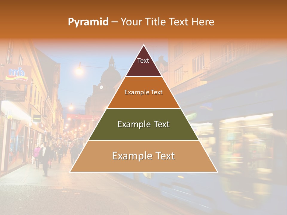 A Blue Train Traveling Down A Street Next To Tall Buildings PowerPoint Template