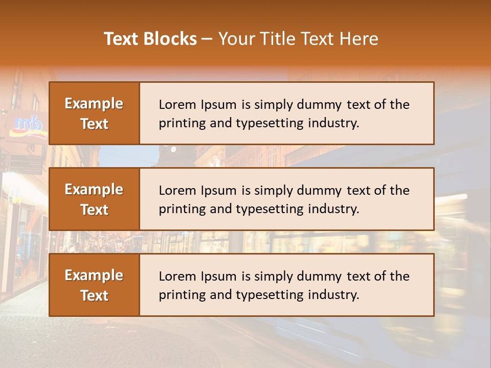 A Blue Train Traveling Down A Street Next To Tall Buildings PowerPoint Template